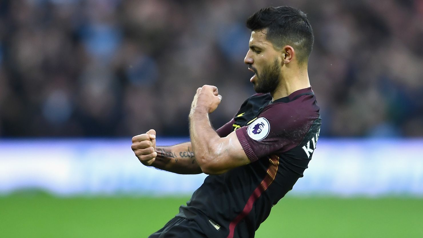 Sergio Aguero celebrates scoring his team's second goal during the Premier League clash with between West Bromwich Albion.