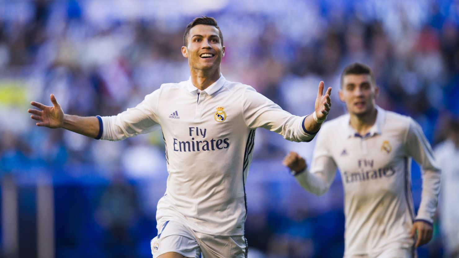 Cristiano Ronaldo celebrates his third of the game and Real Madrid's fourth ion the victory over Deportivo Alaves.