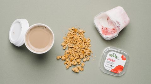 A strawberry Greek yogurt parfait at Starbucks has 14 grams of protein and provides 15% of your daily calcium needs. A café latte with soy milk adds 7 grams of protein and another third of your daily calcium.