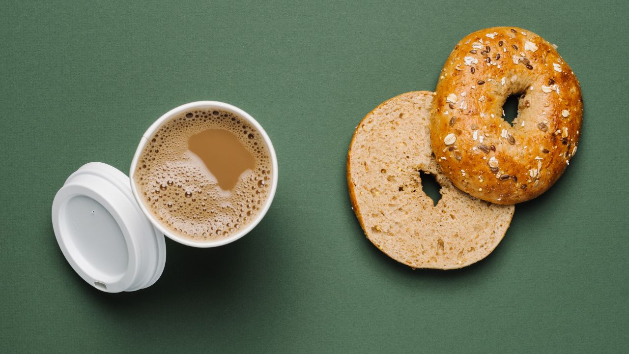 The multigrain bagel helps vegans slow the post-meal rise in blood sugar, contributing to sustained energy throughout the morning. A Caffé Misto with steamed soy milk will keep you warm in the winter.