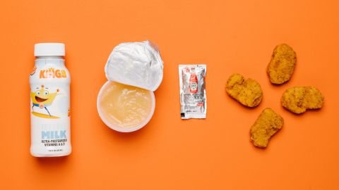 When it comes to kid-specific lunch and dinner, Burger King's chicken nuggets are lowest in saturated fat. The King Jr. meal comes with applesauce and a choice of beverage. We recommend the fat-free milk over the apple juice.