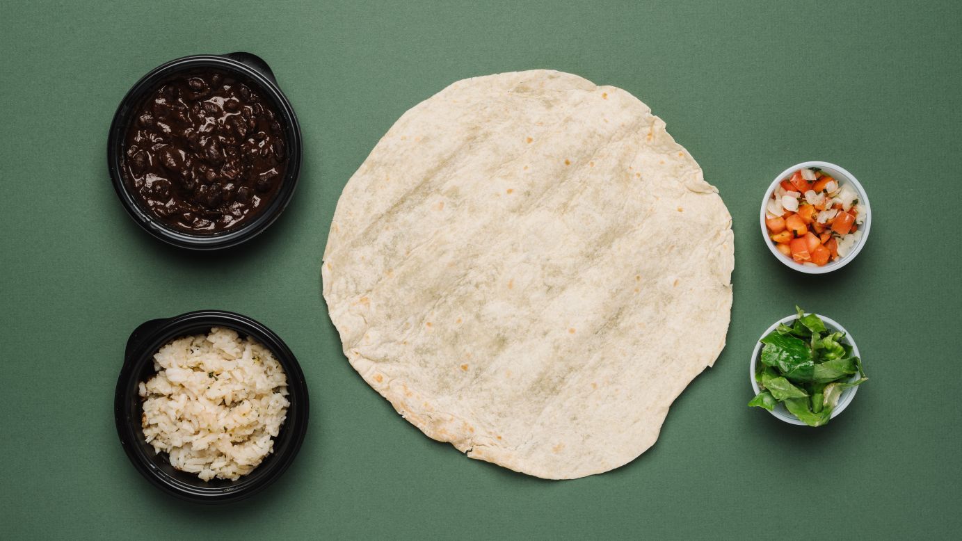 The black bean burrito without cheese offers 7 grams of filling fiber and contains all certified vegan ingredients. 