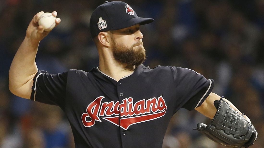 Indians starting pitcher Corey Kluber throws during the first inning of Game 4. 
