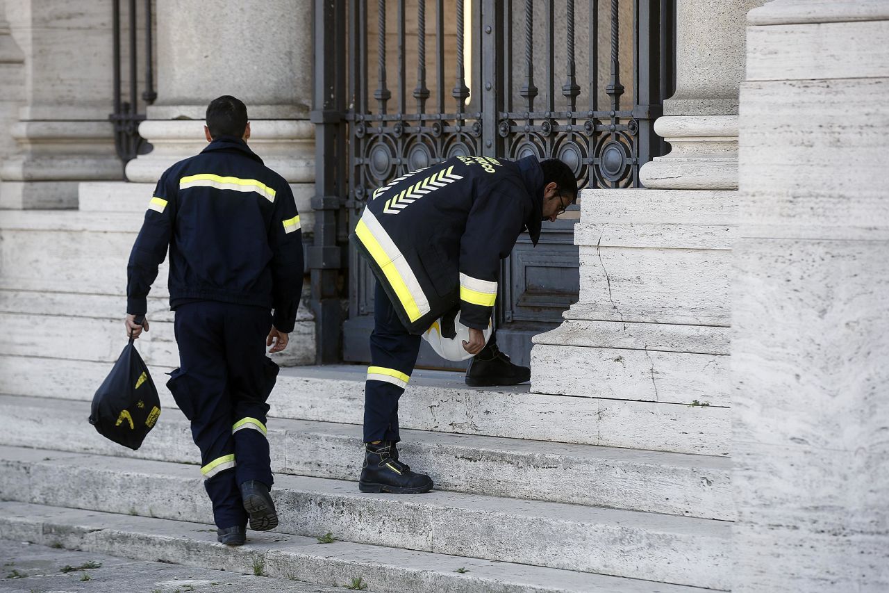 Firefighters from Vatican City check out St. Paul's Basilica in Rome on October 30 following the earthquake. Several buildings in the Italian capital have suffered minor damage from the series of quakes.