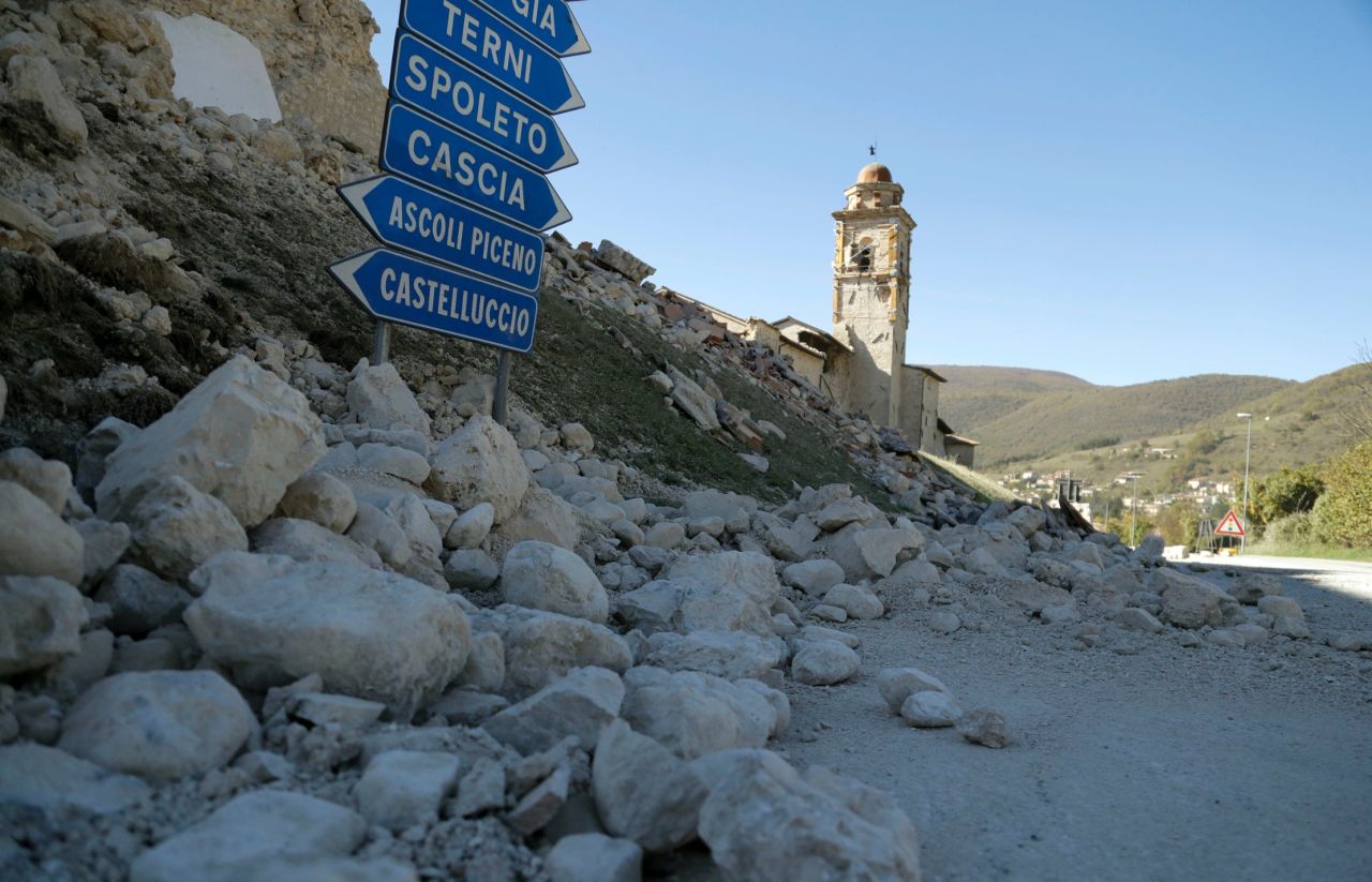 The tower of the Church of the Madonna of the Angels remains standing amid rubble near Norcia on October 30.