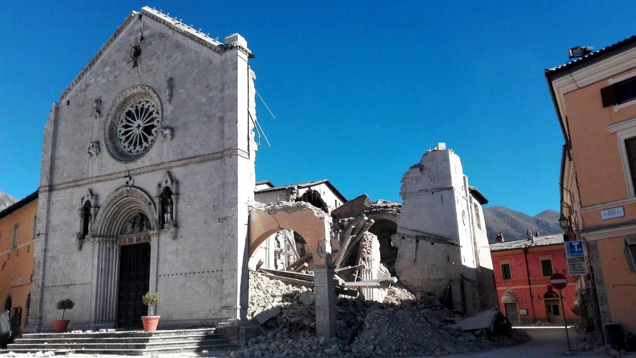A view of the facade of the San Benedetto Basilica, in Norcia, after the quake on Sunday. 