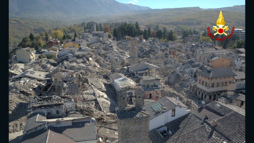 An aerial view of the destroyed hilltop town of Amatrice as an earthquake with a preliminary magnitude of 6.6 struck central Italy, Sunday, Oct. 30, 2016. A powerful earthquake rocked the same area of central and southern Italy hit by quake in August and a pair of aftershocks last week, sending already quake-damaged buildings crumbling after a week of temblors that have left thousands homeless.  (Vigili Del Fuoco/Italian Firefighters via AP)