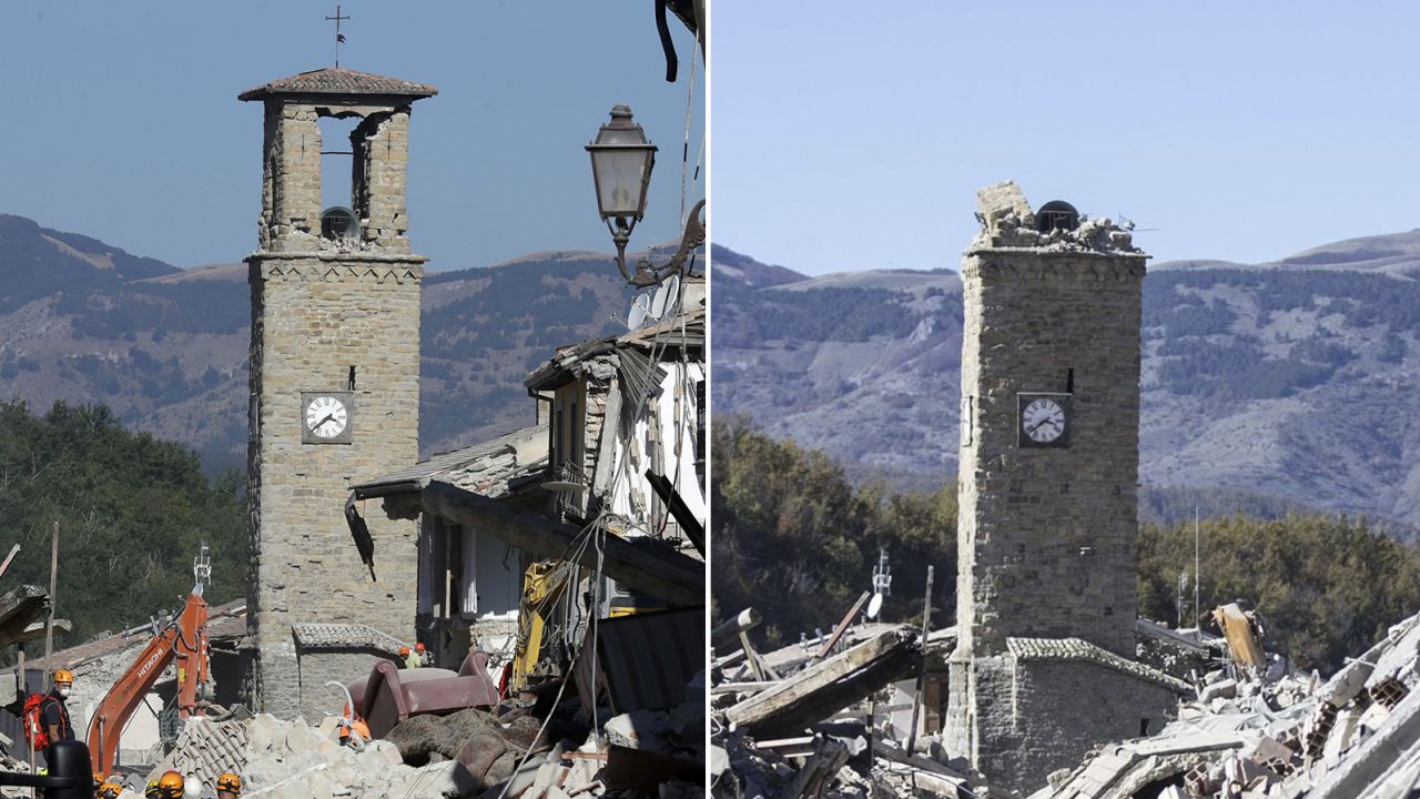 The bell tower of Amatrice, which remained standing after the August earthquake, is seen with its top partly collapsed after Sunday's tremor.