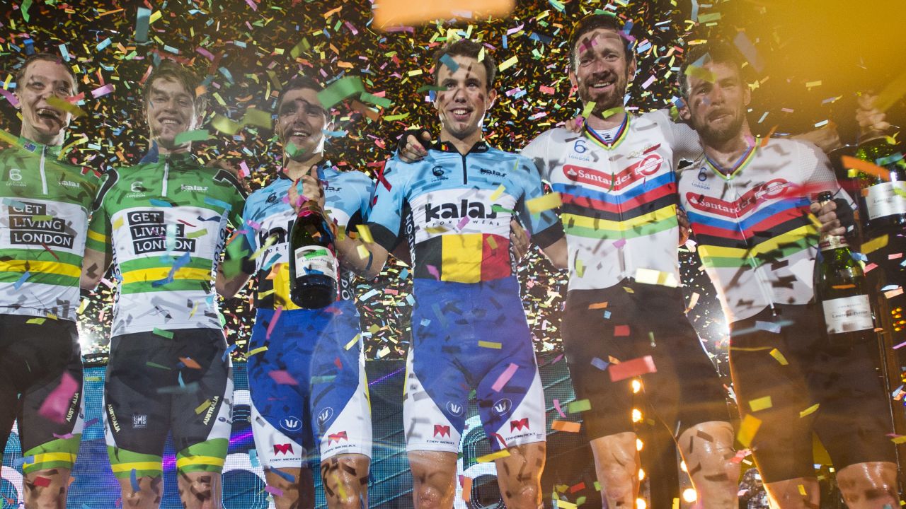 Kenny de Ketele and Moreno de Pauw of Belgium share the podium with Bradley Wiggins and Mark Cavendish and the Australian pair of Cameron Meyer and Callum Scotson.