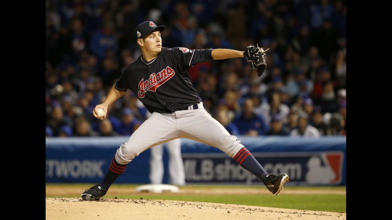 Cleveland Indians starting pitcher Trevor Bauer throws during the first inning of Game 5.