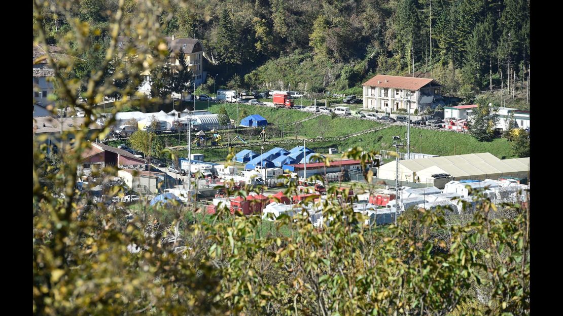 Temporary shelters set up in the town of Arquata del Tronto following Sunday's massive earthquake