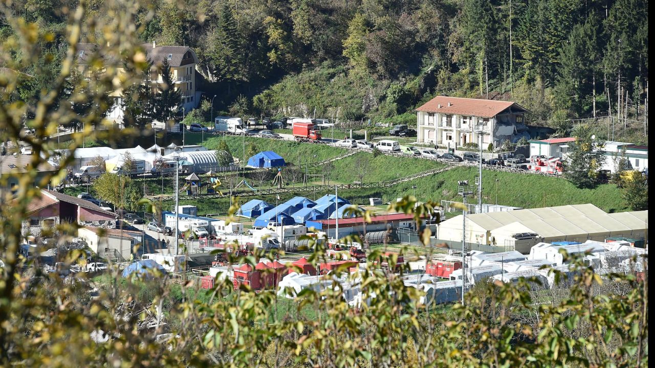 Temporary shelters set up in the town of Arquata del Tronto following Sunday's massive earthquake