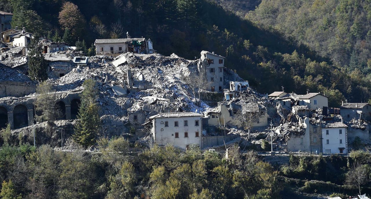 A general view of Arquata del Tronto shows the extent of damage to the town in the region of Perugia on Sunday, October 30.