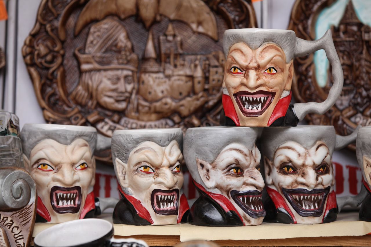 Drinking coffee out of one of these Dracula mugs -- on sale at a Bran Castle souvenir shop -- is sure to wake anyone up in the morning.  