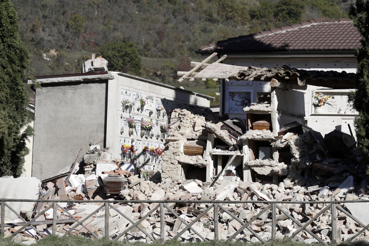 A graveyard in Campi, central Italy, lies in ruins on Monday, October 31, after another powerful earthquake struck the region on Sunday. No deaths have been reported from the 6.6-magnitude quake as many towns in the affected area were evacuated following a devastating earthquake in August, which killed almost 300 people.