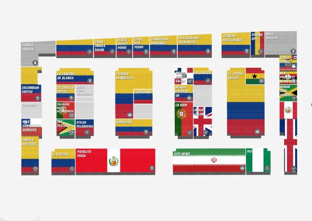 Map of store nationalities in the market, dominated by Latin American and particularly Colombian businesses. 