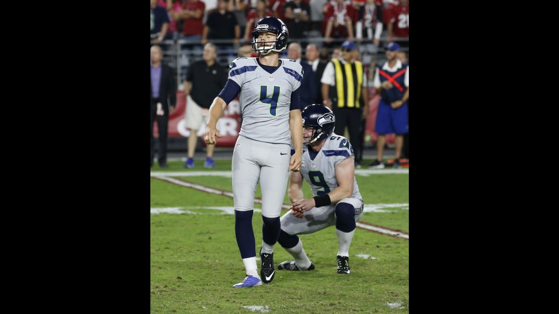 Seattle Seahawks kicker Steven Hauschka (4) reacts to missing what would have been a game-winning field goal against the Arizona Cardinals on October 23. The game ended in overtime in a 6-6 tie.