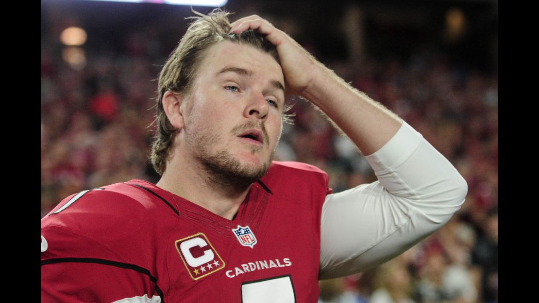 Arizona Cardinals kicker Chandler Catanzaro looks on after missing a field goal in overtime against the Seattle Seahawks at University of Phoenix Stadium. Seattle's kicker, Steven Hauschka, missed as well, and the game ended in a 6-6 tie.