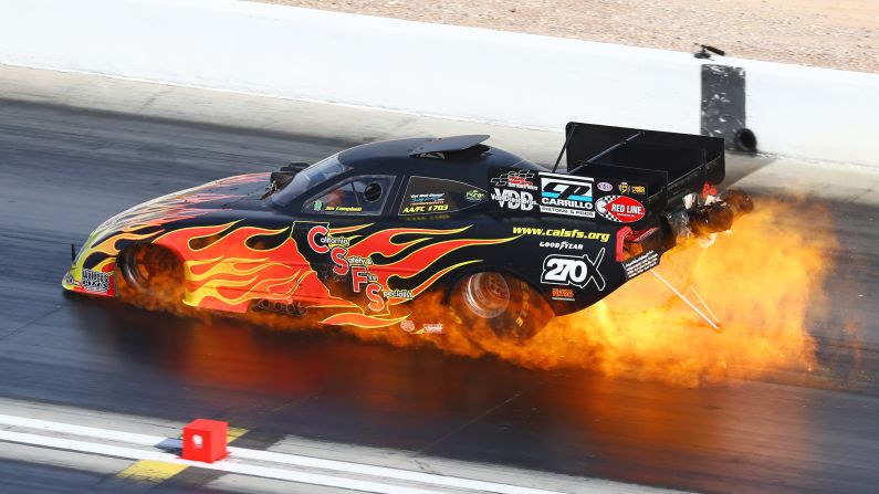 Jim Campbell's engine caught fire Saturday, October 29, during NHRA qualifying at Las Vegas Motor Speedway. He was unhurt.