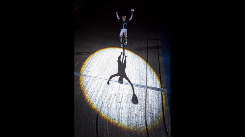 Cyclist Joachim Eilers celebrates after winning a sprint race at the Six Day London event on Sunday, October 30.