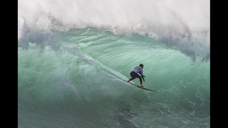 Balaram Stack takes part in a surfing competition in Nazare, Portugal, on Monday, October 31.
