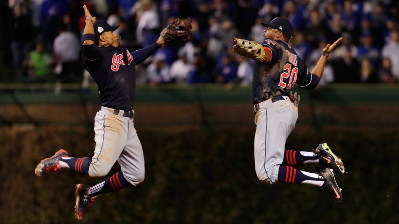Francisco Lindor, left, and Rajai Davis celebrate after the Cleveland Indians won Game 3 of the World Series on Friday, October 28. The Indians are seeking their first World Series title since 1948.