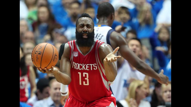 Houston guard James Harden reacts after being called for a foul in Dallas on Friday, October 28.