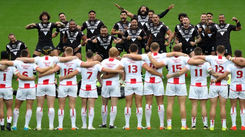 New Zealand rugby players perform a traditional haka dance prior to a Four Nations match against England on Saturday, October 29.