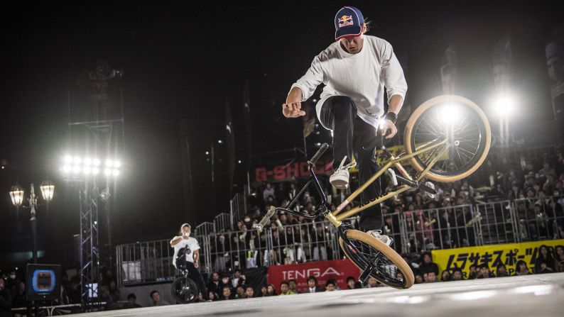 Viki Gomez performs during the finals of the BMX Flatland World Championship, which took place in Kobe, Japan, on Sunday, October 30. Gomez finished in first.
