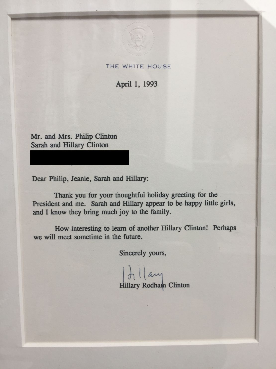 First Lady Hillary Clinton replied to a letter sent by her namesake's mother in 1993