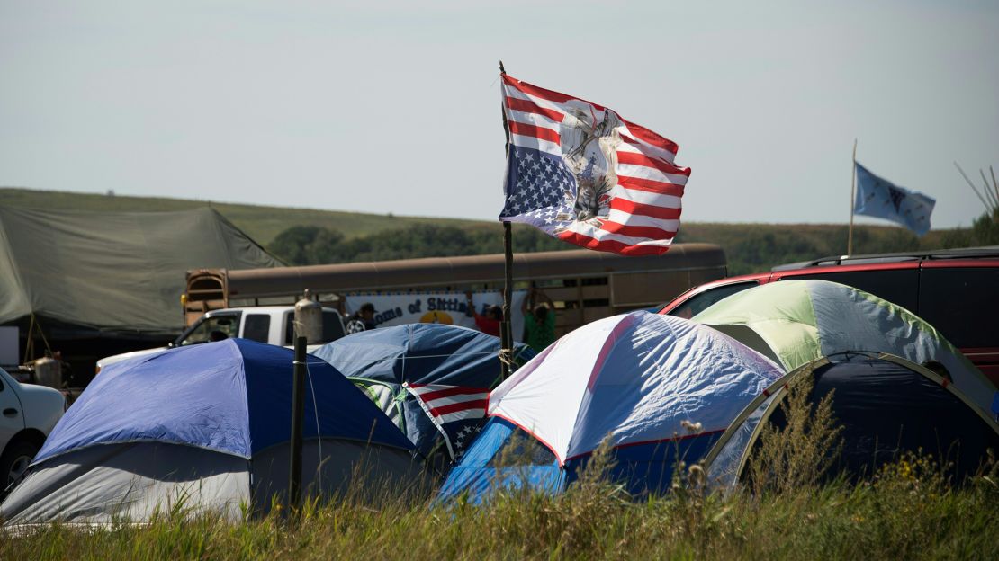 An upside-down American flag seen inside the camp in North Dakota.