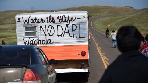 Protestors march to a construction site for the Dakota Access Pipeline.