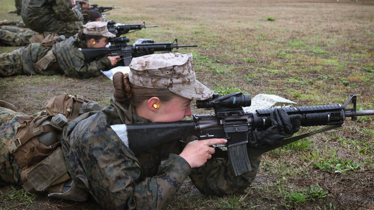 Female Marine recruits on the rifle range during boot camp at Parris Island, South Carolina. 
