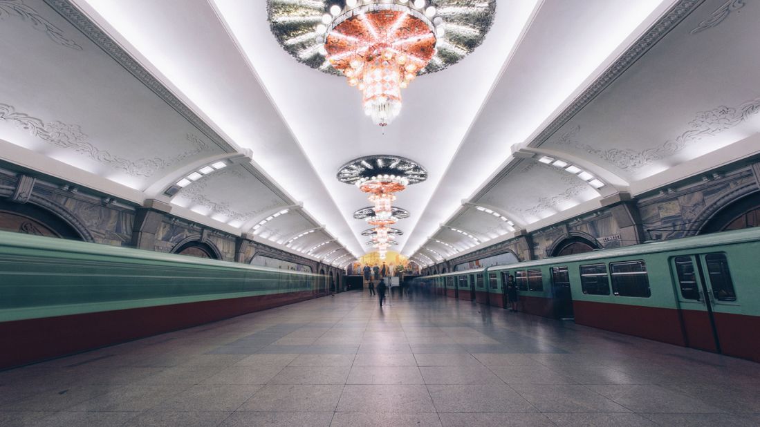 Elaine Li photographed rarely seen moments in North Korea during her travels. One highlight from her journey was the Pyongyang Metro.<br />Decorations were often elaborate, including chandeliers on the ceilings, marble pillars and paintings of Kim Jong Il.
