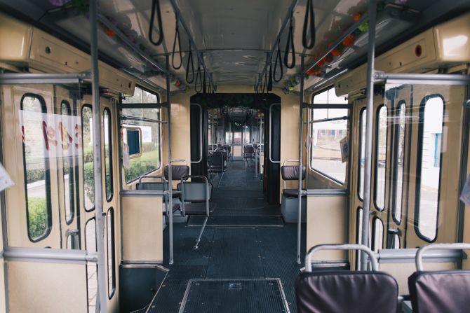 Bikes, buses, and trams were the other primary forms of transportation, Li observed. This image shows the interior of a tram.