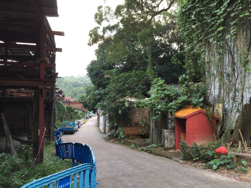 The quiet street that leads to Hon Kee is surrounded by abandoned, decaying docks and greenery, providing a glimpse into Macau's maritime past.