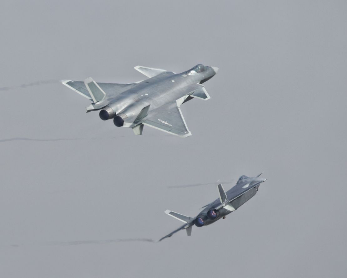 J-20 stealth fighters of the Bayi Aerobatic Team of PLA's (Peoples Liberation Army) Air Force perform on Tuesday.