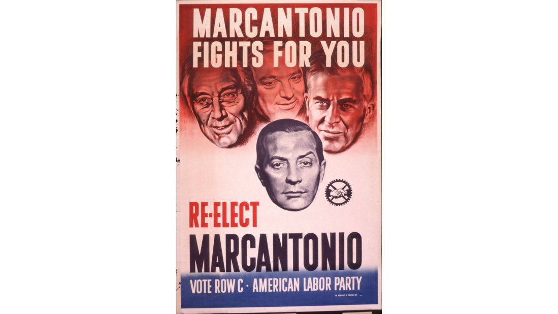 Vito Anthony Marcantonio, a democratic socialist, was elected to numerous terms in the U.S. House of Representatives from the 1930s until his defeat in the 1950 election, which was blamed on his refusal to support the Korean War. Depicted above him are U.S. President Franklin Delano Roosevelt, New York Mayor Fiorello LaGuardia and Secretary of Agriculture and later U.S. Vice President, Henry Wallace.