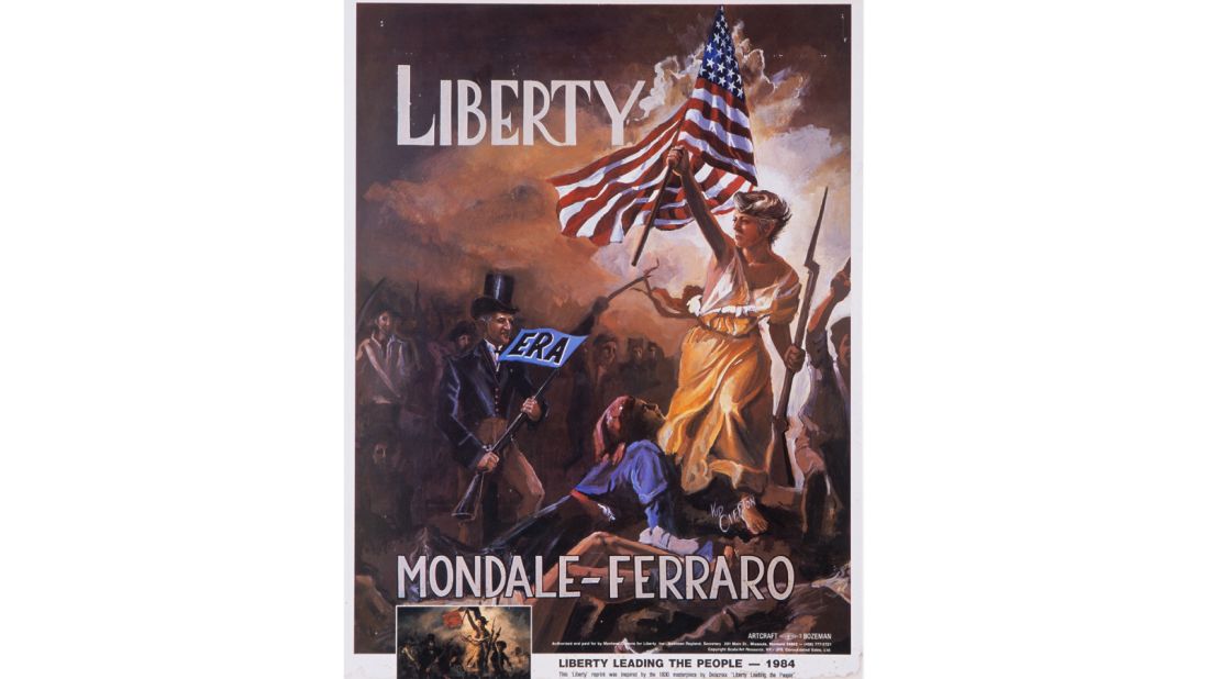 This poster is a parody of an 1830 painting by French artist Eugène Delacroix, called "Liberty Leading the People", which commemorates the July 1930 revolution in France. The poster features Geraldine Ferraro, the Democratic Party's Vice Presidential nominee, and Walter Mondale, the Presidential nominee, who is running to catch up. Mondale-Ferraro lost the election and Ronald Reagan was re-elected. 