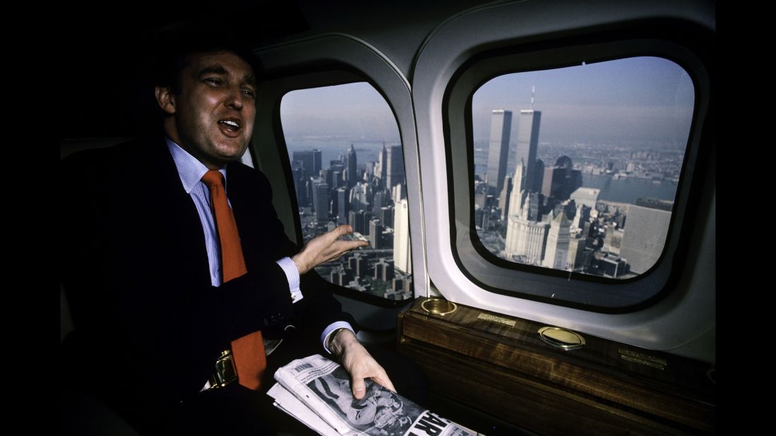 Trump uses his personal helicopter to get around New York in 1987.