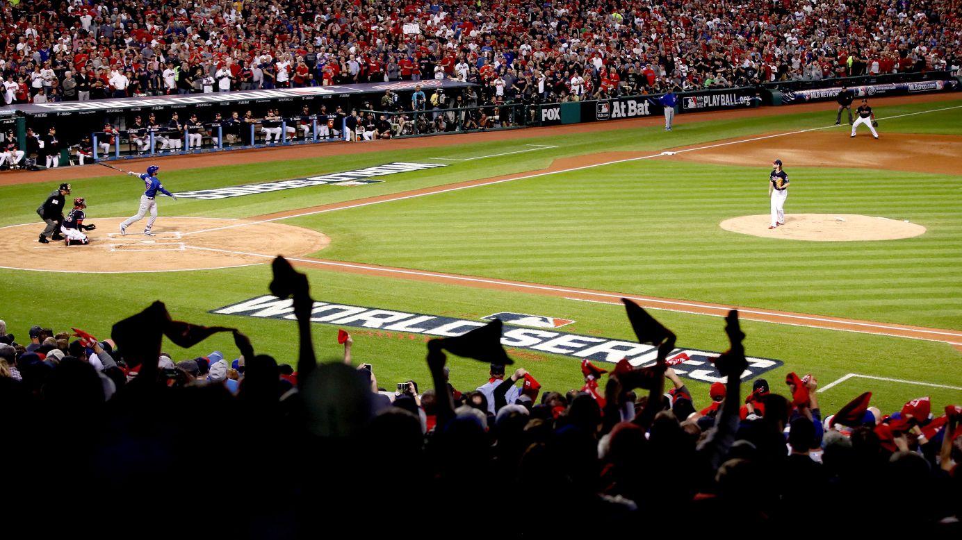 Cleveland Indians Jose Ramirez (11) bats in the eighth inning during Game 3  of the Major League Baseball World Series against the Chicago Cubs on  October 28, 2016 at Wrigley Field in