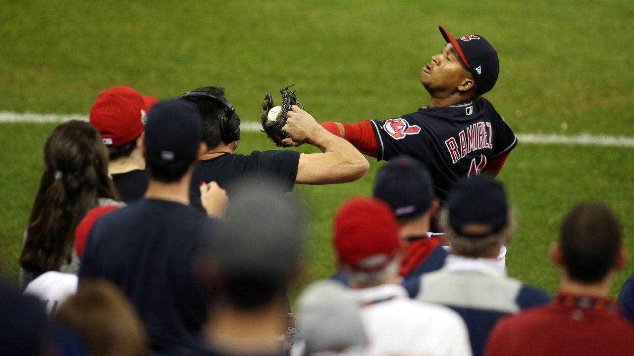 Jose Ramirez of the Indians makes a catch in the fifth inning in Game 6.