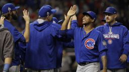 The Chicago Cubs celebrate after Game 6 of the Major League Baseball World Series against the Cleveland Indians Tuesday, Nov. 1, 2016, in Cleveland. The Cubs won 9-3 to tie the series 3-3. (AP Photo/David J. Phillip)