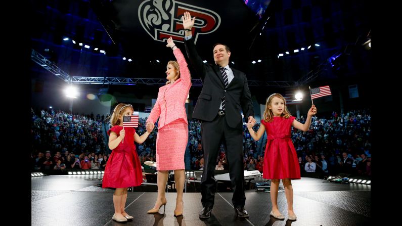 U.S. Sen. Ted Cruz, a conservative firebrand from Texas, stands on stage with his family March 25, 2015, after becoming <a href="index.php?page=&url=http%3A%2F%2Fwww.cnn.com%2F2015%2F03%2F23%2Fpolitics%2Fted-cruz-2016-announcement%2F" target="_blank">the first Republican to announce a presidential run.</a> Cruz, who made headlines with his staunch opposition to Obamacare and his willingness to shut down the federal government, presented a direct challenge to the expected bids of establishment Republicans such as Jeb Bush -- candidates Cruz coyly referred to as the "mushy middle."