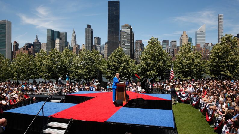 Democratic candidate Hillary Clinton, a former first lady and secretary of state, delivers a speech at a New York City park on June 13, 2015. Clinton used <a href="index.php?page=&url=http%3A%2F%2Fwww.cnn.com%2F2015%2F06%2F13%2Fpolitics%2Fhillary-clinton-roosevelt-island-rally%2F" target="_blank">the first major rally of her campaign</a> to make a populist case, declaring that the goal of her presidency would be to tip the nation's economic scales back toward the middle class' favor.