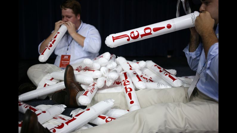 Campaign volunteers with the Jeb Bush campaign inflate thunderstick noisemakers before he <a href="index.php?page=&url=http%3A%2F%2Fwww.cnn.com%2F2015%2F06%2F15%2Fpolitics%2Fjeb-bush-2016-presidential-announcement%2F" target="_blank">formally announced his candidacy</a> in Miami on June 15, 2015. Bush, a scion of the most recognizable family in Republican politics, fashioned an image as a sober-minded conservative truth-teller while governor of Florida.