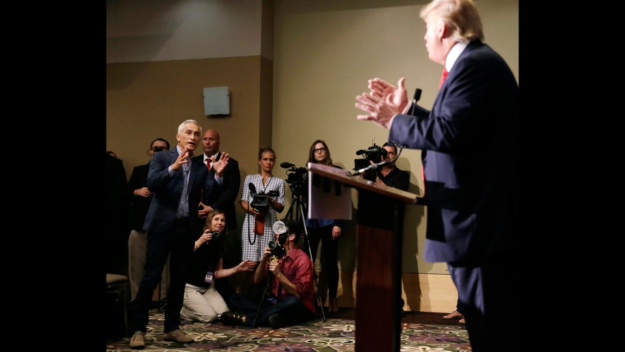 Univision anchor Jorge Ramos, left, asks Trump a question about his immigration plan during a news conference in Dubuque, Iowa, on August 25, 2015. Ramos squabbled with Trump twice during the event, and at one point a security officer <a href="http://www.cnn.com/2015/08/25/politics/donald-trump-megyn-kelly-iowa-rally/index.html" target="_blank">ejected Ramos</a> before he was allowed back in.