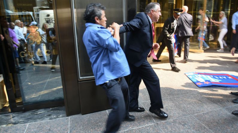 Keith Schiller, Trump's director of security and longtime bodyguard, holds back demonstrator Efrain Galicia at Trump Tower in New York on September 3, 2015. Galicia was among five protesters who later <a href="index.php?page=&url=http%3A%2F%2Fwww.cnn.com%2F2015%2F09%2F09%2Fpolitics%2Fdonald-trump-protesters-lawsuit%2Findex.html" target="_blank">filed a lawsuit</a> against Schiller, Trump, Trump's campaign and his company. The plaintiffs allege that Trump security officials, namely Schiller, assaulted them as they protested outside of a campaign event. A campaign spokesperson <a href="index.php?page=&url=https%3A%2F%2Fwww.washingtonpost.com%2Fpolitics%2Ftrump-security-detail-makes-headlines-just-like-the-candidate%2F2015%2F09%2F04%2F1b2333ce-5335-11e5-933e-7d06c647a395_story.html" target="_blank" target="_blank">told The Washington Post</a> that the protesters "were harassing people on the street" and that a Trump security guard was "jumped from behind."