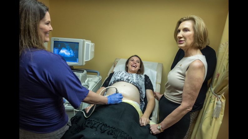 Republican presidential candidate Carly Fiorina, right, visits a pregnancy center in Spartanburg, South Carolina, on September 24, 2015. Fiorina <a href="index.php?page=&url=http%3A%2F%2Fwww.cnn.com%2F2015%2F09%2F24%2Fpolitics%2Fcarly-fiorina-planned-parenthood-pregnancy-center%2F" target="_blank">continued her attacks against Planned Parenthood, </a>which was under fire because of a series of secretly taped, edited videos accusing it of breaking federal laws by profiting off the sale of organs and tissues of aborted fetuses. Planned Parenthood denied it had broken any laws.