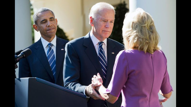 U.S. Vice President Joe Biden turns to his wife, Jill, after announcing October 21, 2015, that <a href="index.php?page=&url=http%3A%2F%2Fwww.cnn.com%2F2015%2F10%2F21%2Fpolitics%2Fjoe-biden-not-running-2016-election%2F" target="_blank">he would not be running for President.</a> The announcement took place at the White House Rose Garden with President Barack Obama.